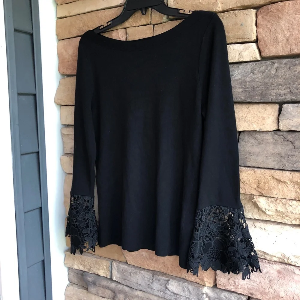 INC International Concepts Black Knit Sweater Top Lace Cuffs Women’s Large EUC - Picture 11 of 12